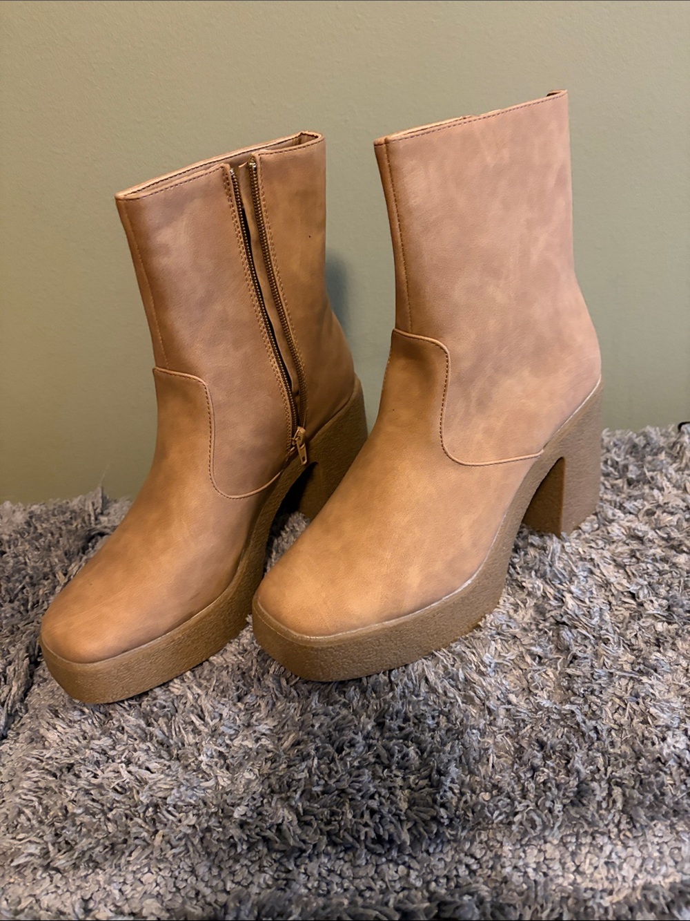 Pink Lily Tan Platform Block Heel Booties
